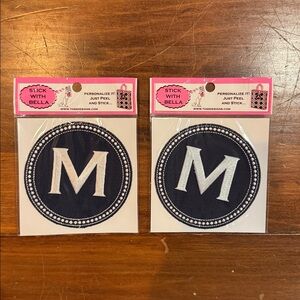 NIP TOSS Designs Peel & Stick Embroidered M Initial Patch Bella Set 2 Blue White
